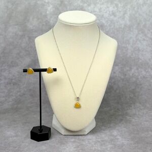Yellow Jade Triangle Pendant Necklace and Stud Earrings Set Sterling Silver 18"